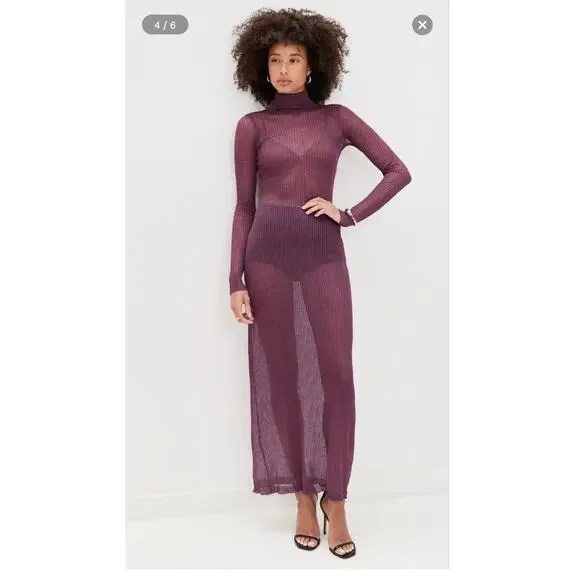 Afrm vilas turtleneck long sleeve semi sheet maxi dress fig purple small - Picture 2 of 13